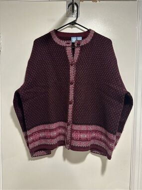 VTG Frost Fair Isle Sz:M geometric knit burgundy/pink Wool Cottagecore cardigan.
